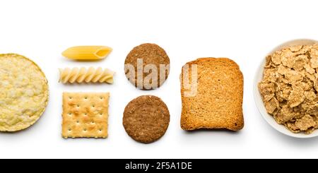 variety of bakery and wholemeal products on white background Stock Photo