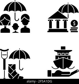Insurance and protection black glyph icons set on white space Stock Vector