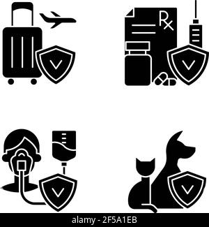 Insurance and protection black glyph icons set on white space Stock Vector