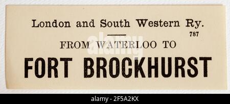 Vintage Midland & South Western Railway Train Label - From London Waterloo to Fort Brockenhurst Stock Photo