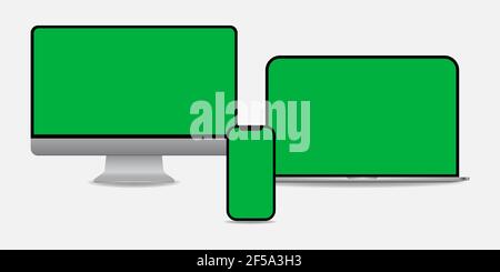 Green screen chroma key background on computer, laptop and smartphone. Vector blank green background with VFX motion tracking markers. Stock Vector