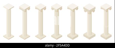 Antique Greek column isometric view set icon. Isolated vector illustration classic pillar isolated on white background. Stock Vector