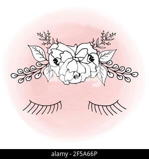 A wreath of peony flowers, leaves, willow twigs and lashes of closed eyes on a pink watercolor background. Spring linear vector illustration for logo, Stock Vector