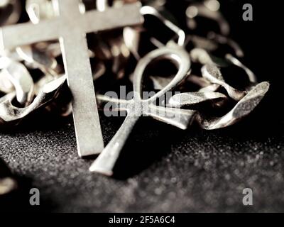 Cuban link silver chain on black background. Stock Photo