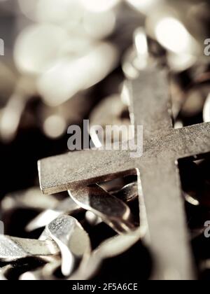 Cuban link silver chain on black background. Stock Photo