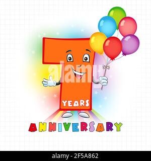 Seven years old animated logotype. 7 anniversary funny logo. Kids birthday colored card with personified digit, many bright celebrating congratulating Stock Vector