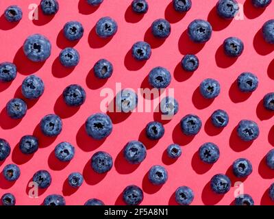 Colorful blueberry pattern on pink background, from above, hard shadow Stock Photo