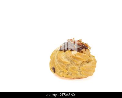 Chocolate choux cream, a close up of homemade cream puff eclair bakery isolated on white background. Stock Photo