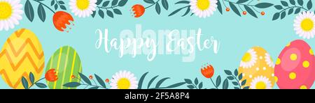 Happy easter banner with eggs and flowers. Chamomiles and tulips on a blue background. Vector illustration Stock Vector
