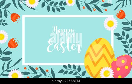 Happy easter banner with eggs and flowers. Chamomiles and tulips on a blue background. Vector illustration Stock Vector