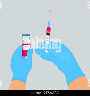 It's time to get vaccinated. Flat concept of a syringe with a vaccine. The doctor's hand holds a syringe. A medicine bottle. Isolated.Vector Stock Vector