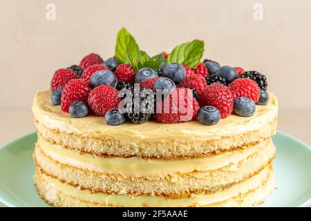 Close-up view of homemade cake with fresh berries. Stock Photo