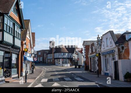 View of High Street looking towards Milford Crescent, Milford-on-Sea, New Forest, Hampshire, England, UK Stock Photo