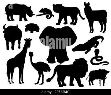 Set of Savannah animals silhouettes on white background. Tiger, lion rhinoceros, common warthog, African buffalo, tortoise chameleon zebra, ostrich, e Stock Vector