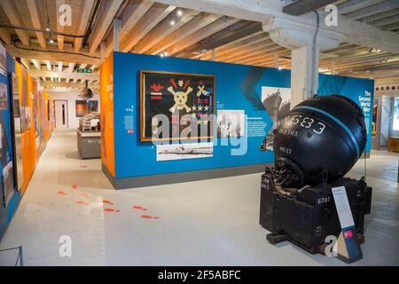 Scene including a British Royal Navy Mark 17 naval contact mine from World War II, inside the Steam, Steel and Submarines exhibition display at Historic Dockyard / Dockyards Chatham in Kent. UK (121) Stock Photo