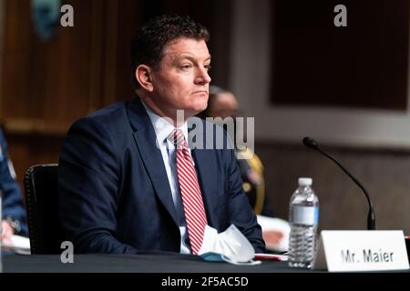 Christopher P. Maier, Acting Assistant Secretary Of Defense For Special Operations And Low-Intensity Conflict listens during a hearing on the “United States Special Operations Command and United States Cyber Command” with the Senate Armed Services Committee on Capitol Hill in Washington DC on March 25th, 2021.Credit: Anna Moneymaker/Pool via CNP /MediaPunch Stock Photo