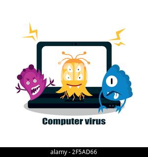 A computer virus attacks a laptop or computer. Vector illustration isolated on white background. Stock Vector