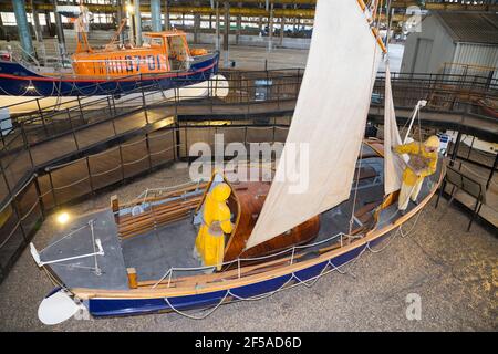 Old vintage historic RNLB Helen Blake Lifeboat on display at Number Four Boat House / Boathouse Number 4 at Historic Dockyard / Dockyards Chatham in Kent. UK (121) Stock Photo