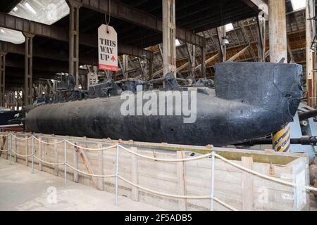 XE8 Midget Submarine Expunger from 1944, on display at Number 3 covered Slip 'The Big Space'  at Historic Dockyard, Chatham. Kent UK.  (121) Stock Photo