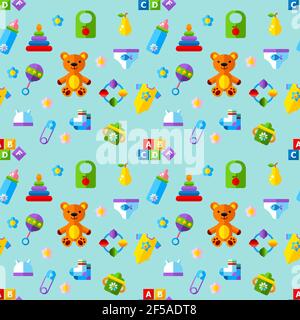 Seamless pattern with bear, pyramid, rattle and babe bottle.Flat  vector illustration. Stock Vector