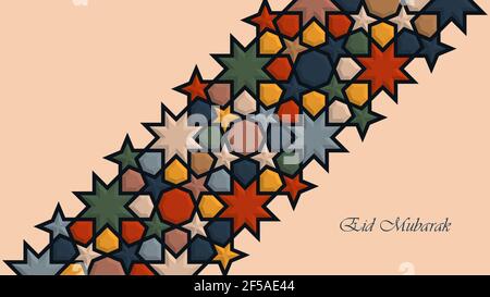 Eid Mubarak poster, banner or greeting card design. Vector illustration of abstract background with traditional colorful geometric islamic ornament Stock Vector