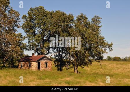 An abandoned stone farmhouse sits under trees in a field near the Route 66 community of Halltown, Missouri. Stock Photo