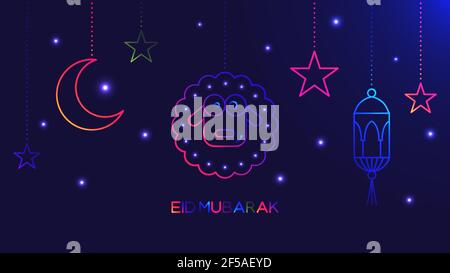 Eid Mubarak abstract light background with glowing neon colored sheep, stars, moon and islamic lantern Stock Vector