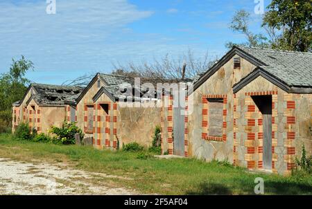 Derelict cottages at the former Lurvey Tourist Court that once served Route 66 travelers in Springfield, MO. The cabins have since been demolished. Stock Photo