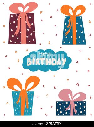 Bday presents flat heap greeting card template with gift boxes and lettering Stock Vector
