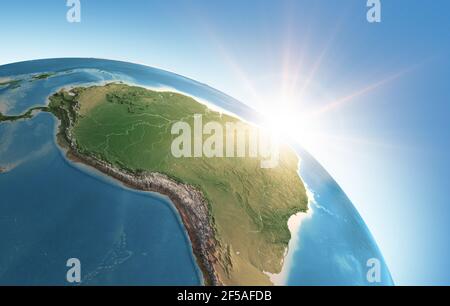 Sun shining over a high detailed view of Planet Earth, focused on South America, Amazon rainforest and Brazil - Elements furnished by NASA Stock Photo