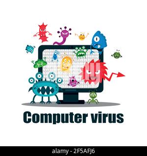 A computer virus attacks a laptop or computer. Vector illustration isolated on white background. Stock Vector
