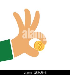 Man holds in his hand a gold coin dollar. Stock vector illustration. Stock Vector