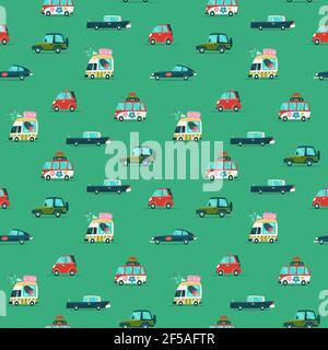 Vector car seamless pattern in flat style. Wrapping paper pattern. Simple Nursery Design ideal for Fabric, Textile, Wrapping Paper. Stock Vector