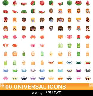 100 universal icons set. Cartoon illustration of 100 universal icons vector set isolated on white background Stock Vector