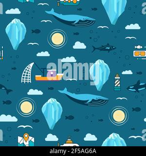 Underwater vector seamless pattern with iceberg, mammals and  fish. wrapping paper pattern. Iceberg flat illustration. Stock Vector