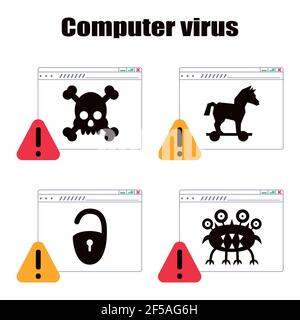 A computer virus attacks a laptop or computer. Vector illustration isolated on white background. Stock Vector