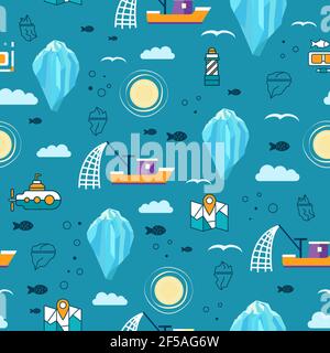 Seamless pattern with iceberg, ship, sun, fish and  submarine.vector illustration Stock Vector