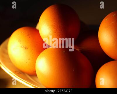 The chicken eggs in the panel are placed on a brown wooden background. Stock Photo