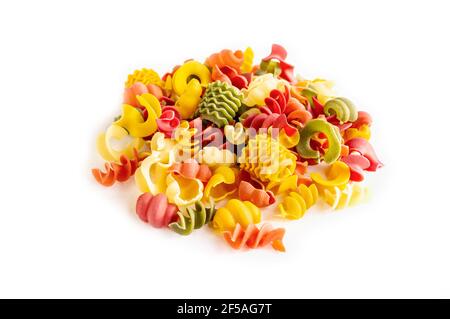 Assorted different types of pasta. Grocery food background isolated on white. Stock Photo