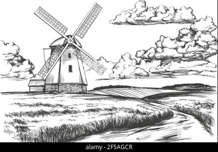 windmill in the field, countryside, summer landscape, hand drawn vector illustration realistic sketch. Stock Vector