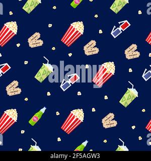 Cinema seamless pattern  with popcorn,  3D glasses, soda bottle and cinema tickets.Flat vector illustration. Stock Vector