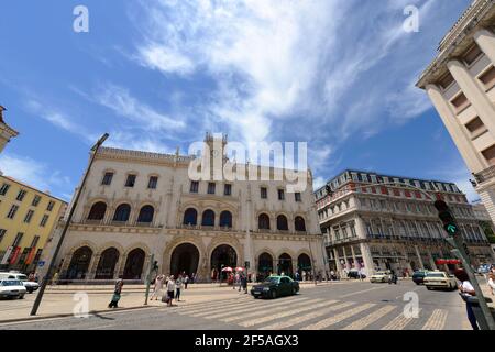 Rossio Train Station at Praca dos Restauradores (Restauradores Square) in Lisbon, Portugal. Rossio Station is Neo-Manueline building built in 19th cen Stock Photo