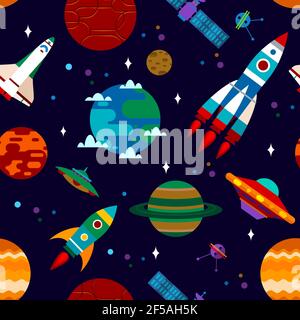 Seamless pattern with rockets, satellites, planets and UFO.Flat vector illustration. Vector illustration wrapping paper, textile etc Stock Vector