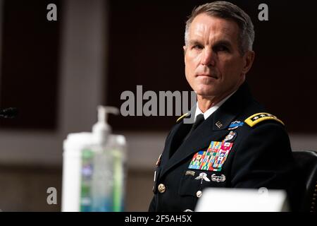 Washington, United States. 25th Mar, 2021. General Richard D. Clarke, USA, Commander, United States Special Operations Command, at a hearing to examine United States Special Operations Command and United States Cyber Command in review of the Defense Authorization Request for fiscal year 2022 and the Future Years Defense Program, on Capitol Hill, Thursday, March 25, 2021, in Washington. Pool Photo by Anna Moneymaker/UPI Credit: UPI/Alamy Live News Stock Photo