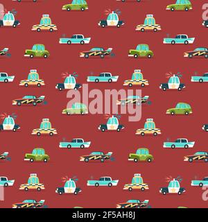 Color car seamless pattern. Flat Vector illustration with  police, taxi and retro car. Stock Vector
