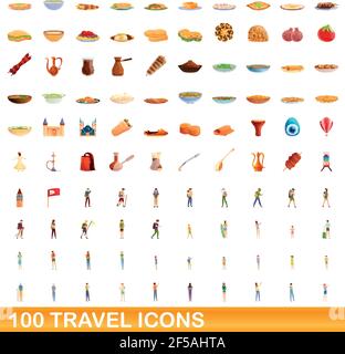100 travel icons set. Cartoon illustration of 100 travel icons vector set isolated on white background Stock Vector