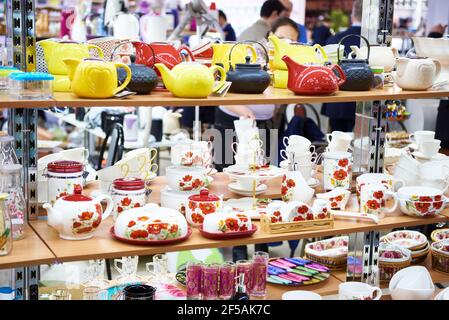 Porcelain dishes in the store household goods Stock Photo