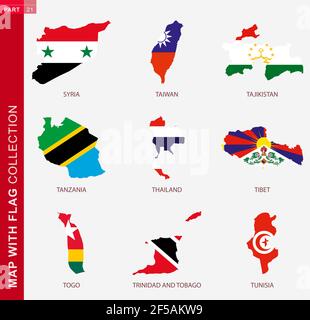 Map with flag collection, nine map contour with flag of Syria, Taiwan, Tajikistan, Tanzania, Thailand, Tibet, Togo, Tonga, Trinidad and Tobago, Tunisi Stock Vector