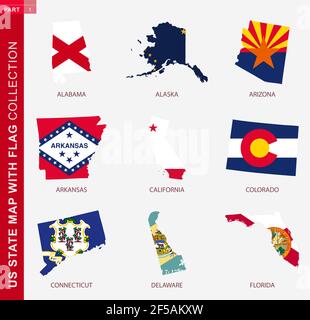 US State Maps with flag collection, nine USA map contour with flag of Alabama, Alaska, Arizona, Arkansas, California, Colorado, Connecticut, Delaware, Stock Vector