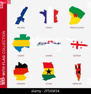 Map with flag collection, nine map contour with flag of Finland, France, French Guiana, Gabon, Gambia, Georgia, Germany, Ghana, Gibraltar Stock Vector